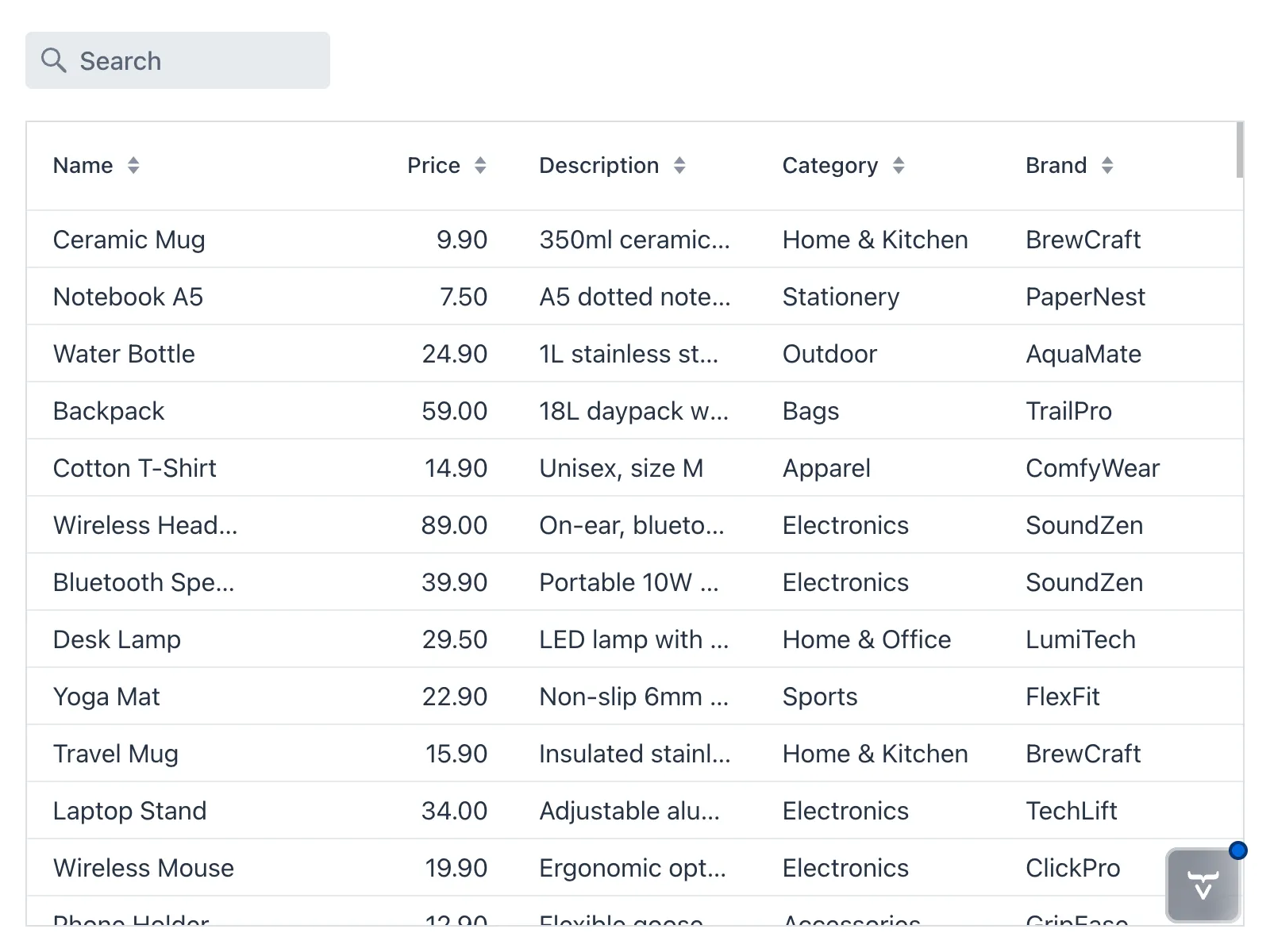 The product catalog view with search