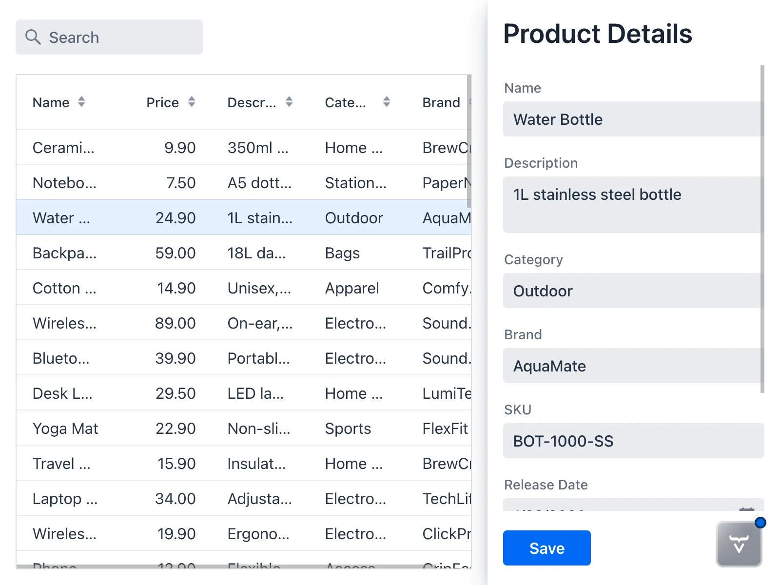 The product drawer with a save button